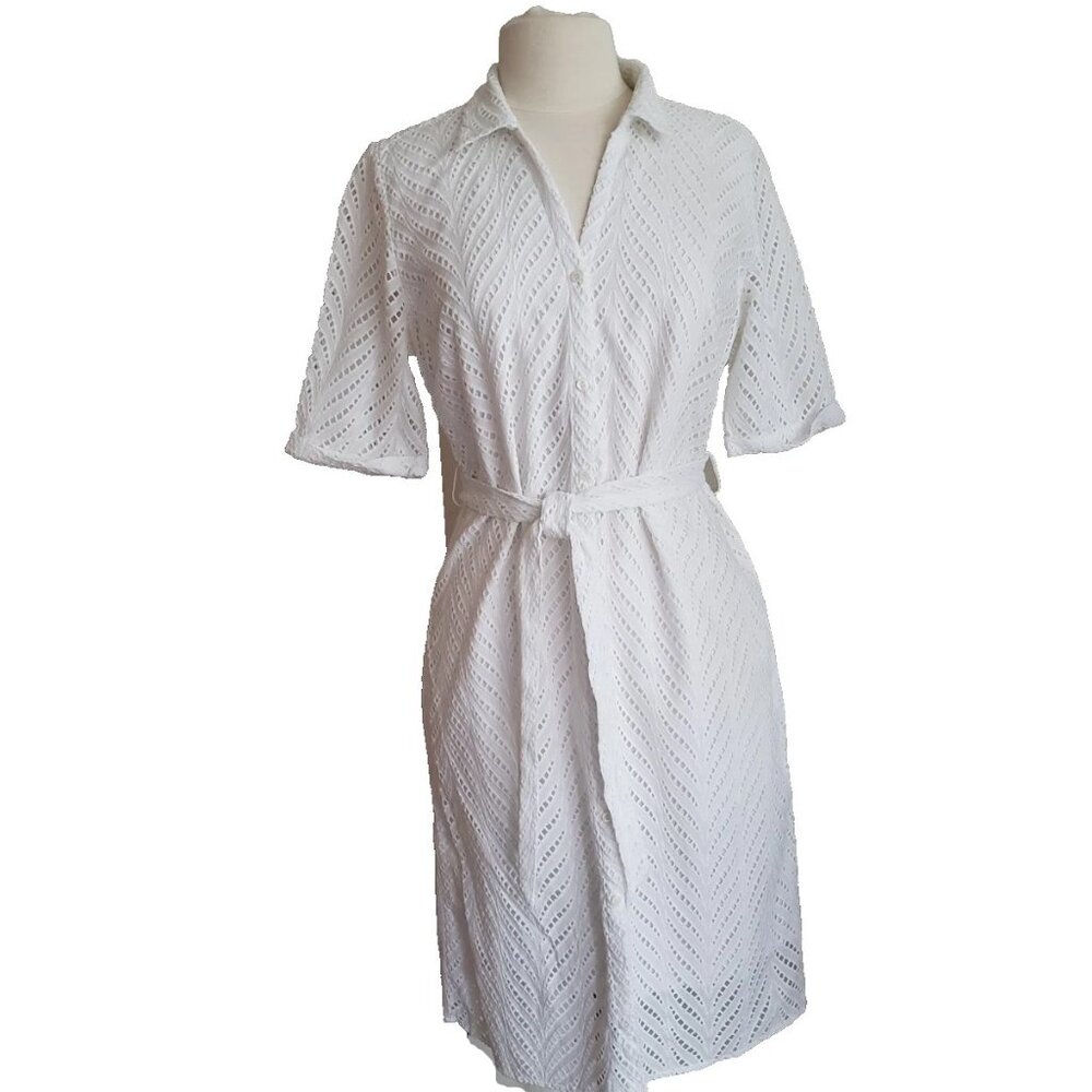 Principles Embroidered Eyelet Belted White Shirt Dress